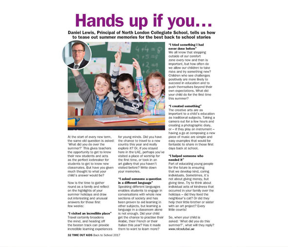 Time Out Kids features the Principal of NLCS Dubai, Mr. Daniel Lewis.