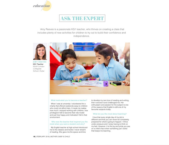 Amy Reeves (KG1 Teacher) speaks with Mother, Baby and Child Magazine