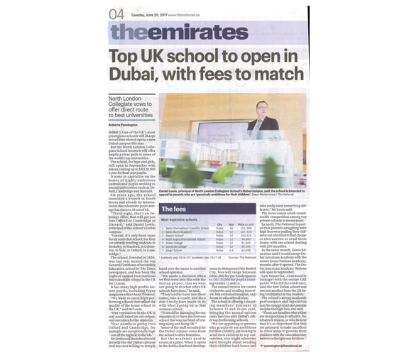 The National Newspaper features the Principal of NLCS Dubai, Mr. Daniel Lewis.